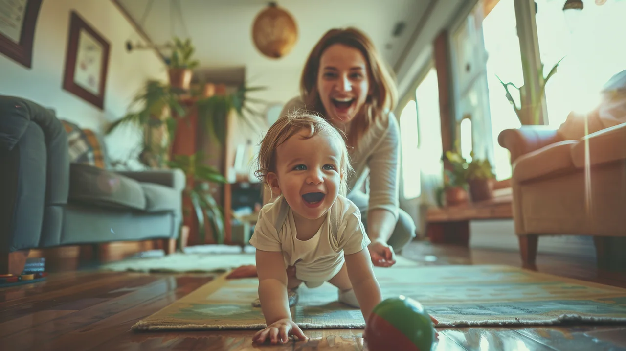 A mother and young child at home