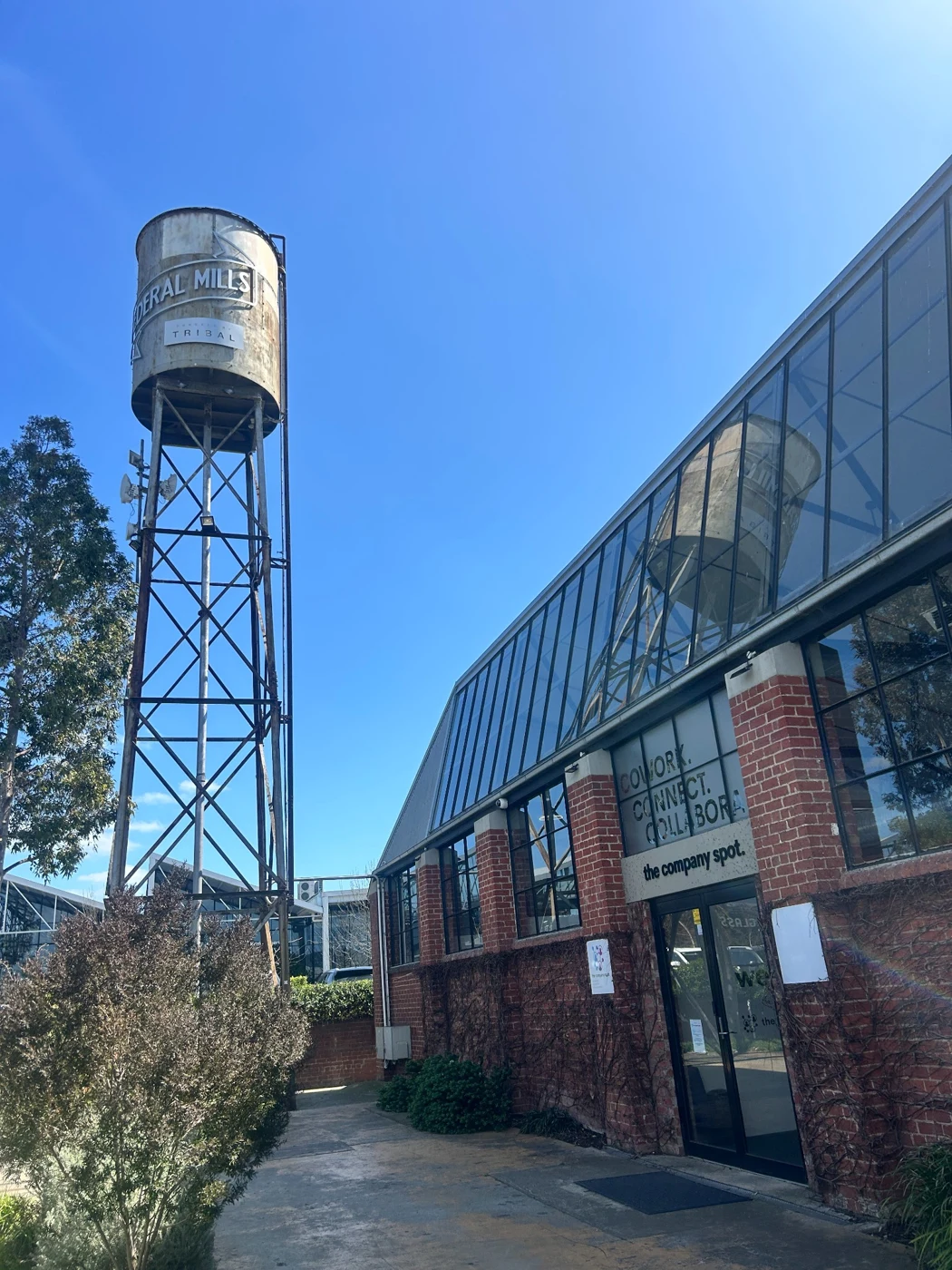 The Company Spot entrance and Federal Mills tower in Geelong
